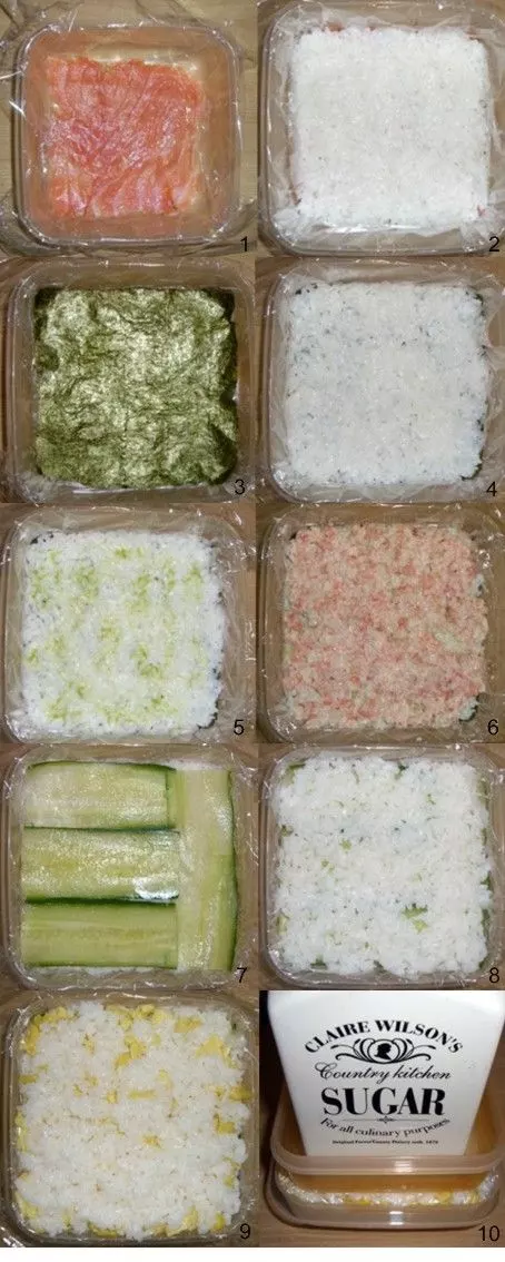 Oshisushi (gepresstes Sushi) mit Lachs, Krabben, Gurke und Ei