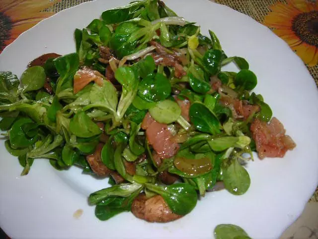 Feldsalat mit Champignons und Räucherlachs